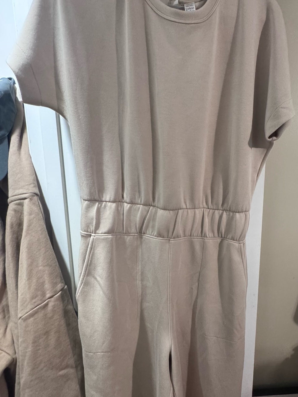 SPANX Air Essentials Short-Sleeve Elastic-Waist Jumpsuit in Light Beige